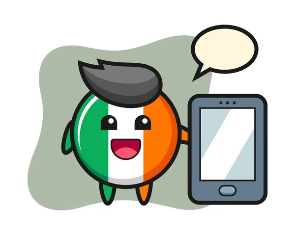 Irland Flagge Abzeichen Illustration Karikatur Hält Ein Smartphone — Stockvektor