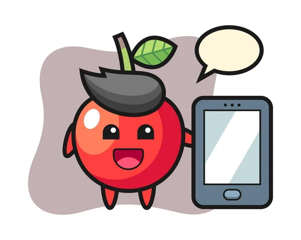 Cherry Illustration Cartoon Hält Ein Smartphone — Stockvektor