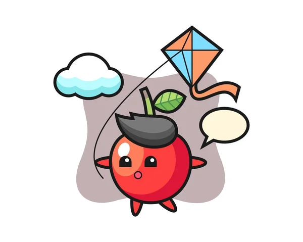Cherry Mascot Illustration Playing Kite — Stock Vector