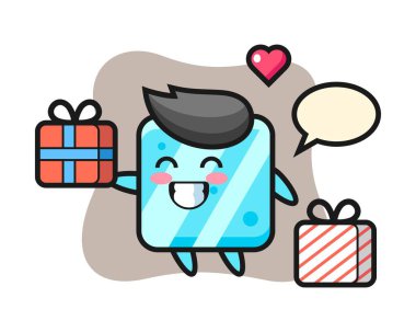 Buz küpü maskot çizgi filmi hediyeyi veriyor.