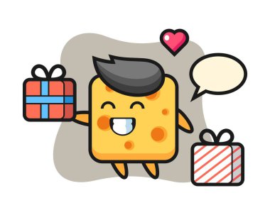 Peynir maskotu çizgi filmi hediyeyi veriyor.