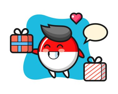 Endonezya bayrağı maskotu karikatürü hediyeyi veriyor.