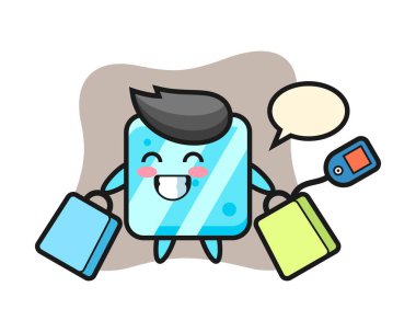 Buz küpü maskot çizgi filmi bir alışveriş çantası tutuyor.