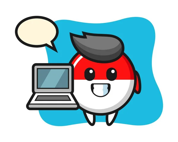 Ilustração Mascote Emblema Bandeira Indonésia Com Laptop — Vetor de Stock
