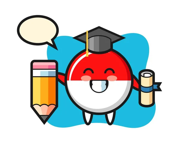 Indonesia Flag Badge Illustration Cartoon Graduation Giant Pencil — Stock Vector