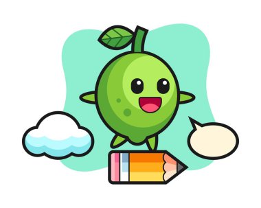 Dev bir kurşun kalemle gezen limon maskotu çizimi.