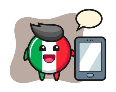 İtalyan bayrağı çizimi. Elinde akıllı telefon var.