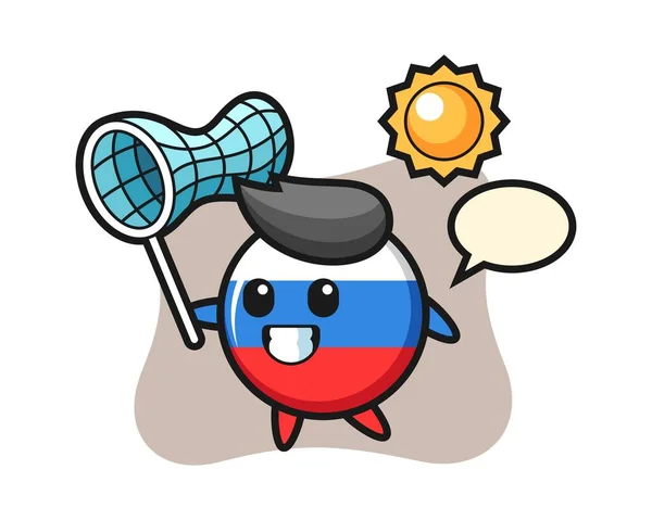 Rosja Flaga Odznaka Maskotka Ilustracja Jest Łapanie Motyl — Wektor stockowy