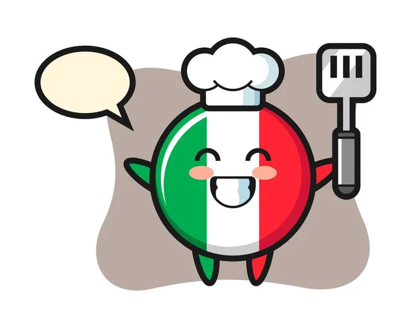 Italia Bandiera Distintivo Personaggio Illustrazione Come Chef Sta Cucinando — Vettoriale Stock