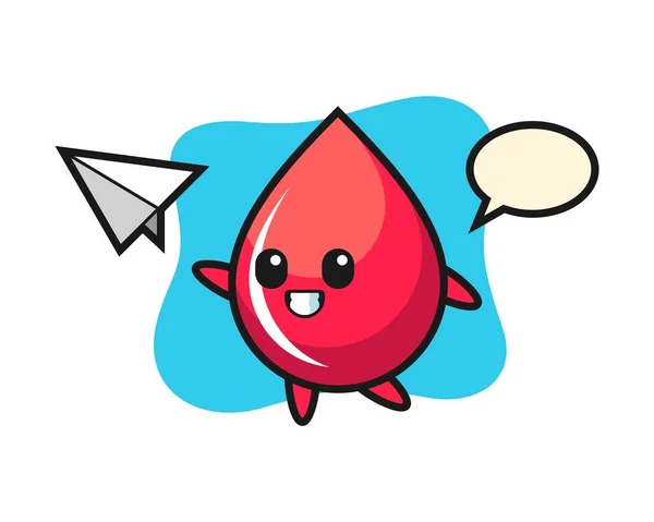 Blood Drop Cartoon Character Throwing Paper Airplane — Stock Vector