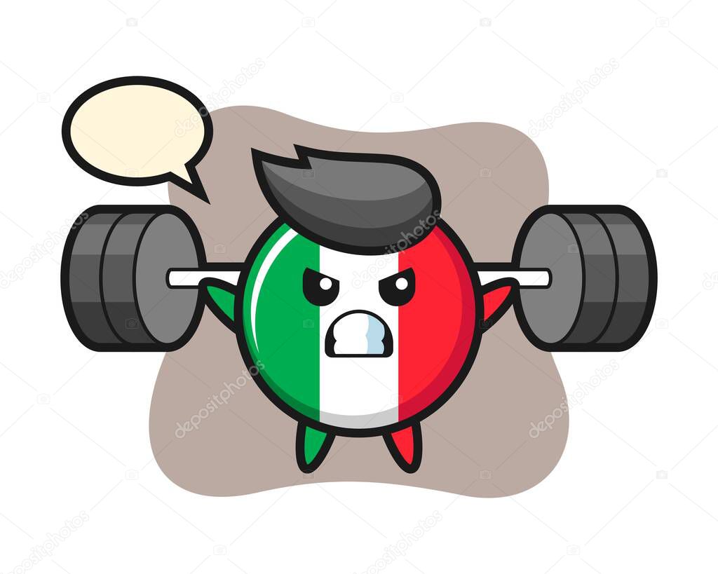 Italy flag badge mascot cartoon with a barbell