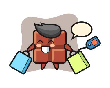 Çikolata maskot çizgi filmi bir alışveriş çantası tutuyor.