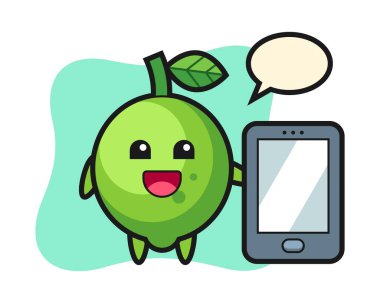 Elinde akıllı telefon tutan bir karikatür çizimi.