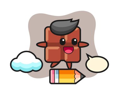 Dev bir kaleme binmiş çikolatalı maskot çizimi.