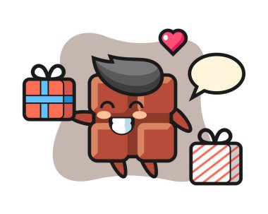 Çikolata maskotu çizgi filmi hediyeyi veriyor.