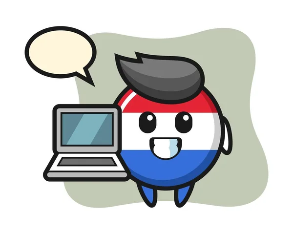 Mascotte Illustratie Van Nederlandse Vlag Badge Met Een Laptop — Stockvector