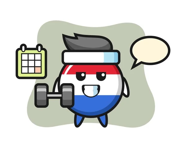 Netherlands Flag Badge Mascot Cartoon Doing Fitness Dumbbell — Stock Vector