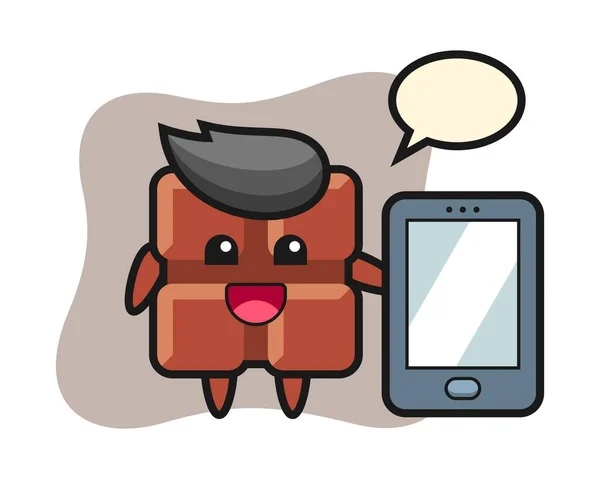 Chocolate Bar Ilustração Desenho Animado Segurando Smartphone —  Vetores de Stock