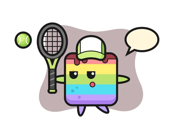 Cartoon Figur Des Regenbogenkuchens Als Tennisspieler — Stockvektor