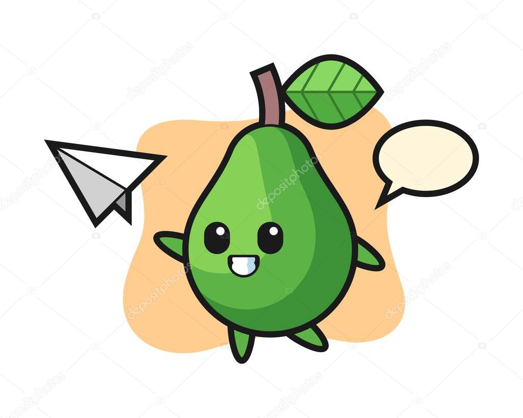 Avocado cartoon character throwing paper airplane