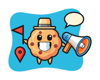 Tur rehberi olarak çikolata parçacıklı kurabiye karikatürü.