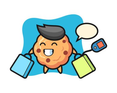 Çikolata parçalı kurabiye maskotu elinde alışveriş çantası olan bir çizgi film.