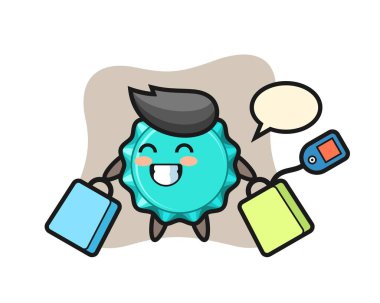 Şişe kapağı maskotu karikatürü bir alışveriş çantası tutuyor.