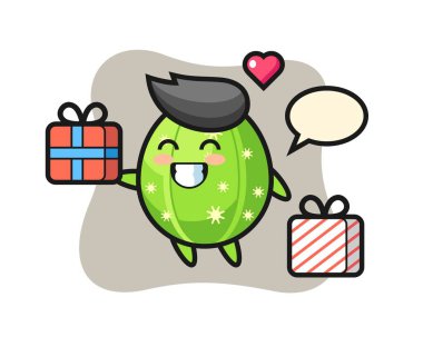 Kaktüs maskotu çizgi filmi hediyeyi veriyor.