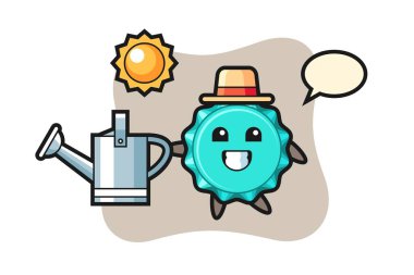 Çizgi film karakteri şişe kapağı su kovası tutuyor.