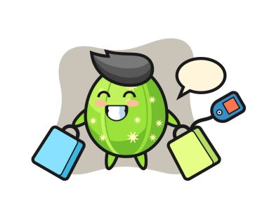 Kaktüs maskot çizgi filmi elinde bir alışveriş çantası tutuyor.