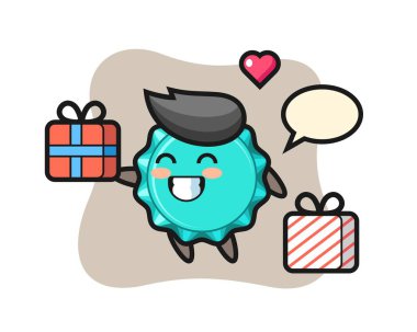 Şişe kapağı maskotu çizgi filmi hediyeyi veriyor.