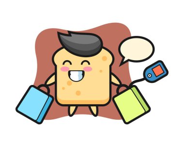 Ekmek maskotu çizgi filmi bir alışveriş çantası tutuyor.