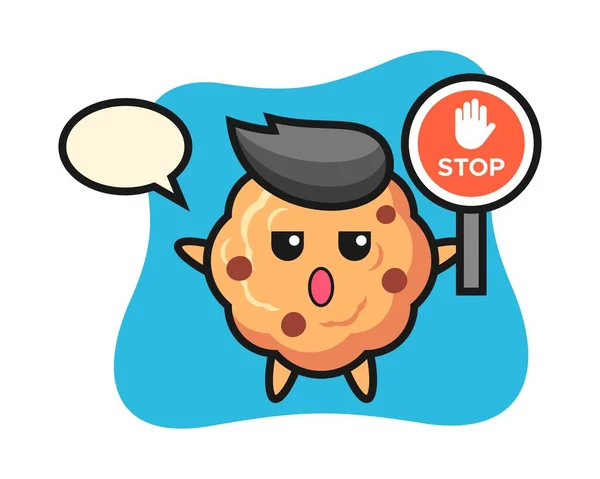 Εικονογράφηση Χαρακτήρα Cookie Τσιπ Σοκολάτας Κρατώντας Ένα Σήμα Στοπ — Διανυσματικό Αρχείο