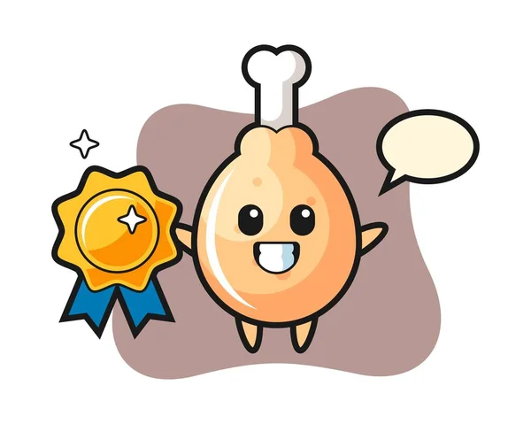 Fried Chicken Mascot Illustration Holding Golden Badge — Stock Vector