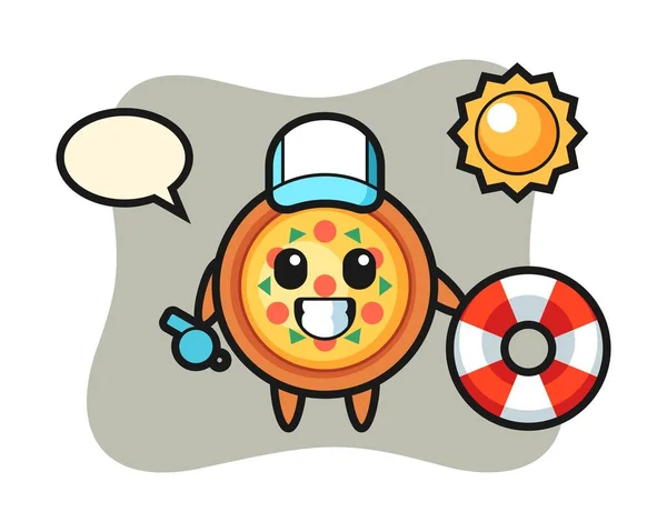 Dibujos Animados Mascota Pizza Como Guardia Playa — Vector de stock