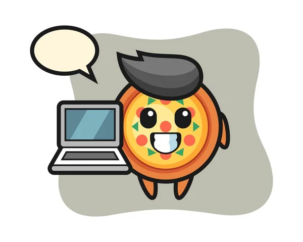 Ilustração Mascote Pizza Com Laptop — Vetor de Stock