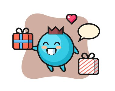 Yaban mersini maskotu çizgi filmi hediyeyi veriyor.