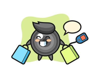 Kamera merceği maskot karikatürü bir alışveriş çantası tutuyor.