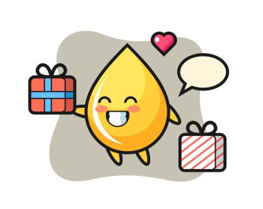 Bal damlası maskotu karikatürü hediyeyi veriyor.