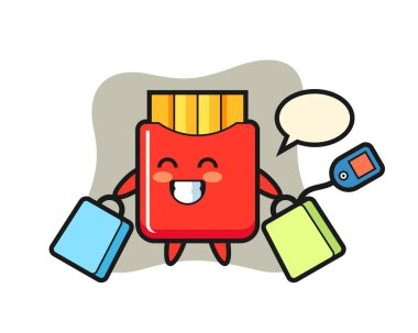 Alışveriş çantası tutan patates kızartması maskot çizgi filmi.