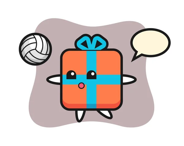 Charakter Cartoon Der Geschenkbox Spielt Volleyball — Stockvektor