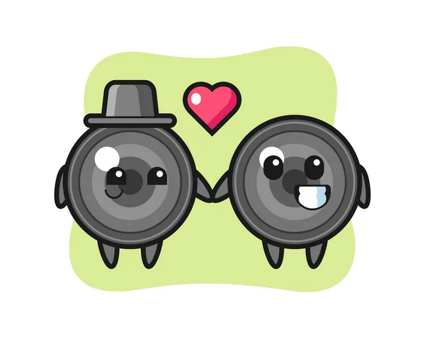 Camera Lens Cartoon Character Couple Fall Love Gesture — Stock Vector