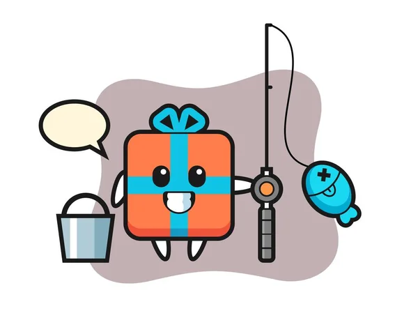 Caráter Mascote Caixa Presente Como Pescador — Vetor de Stock