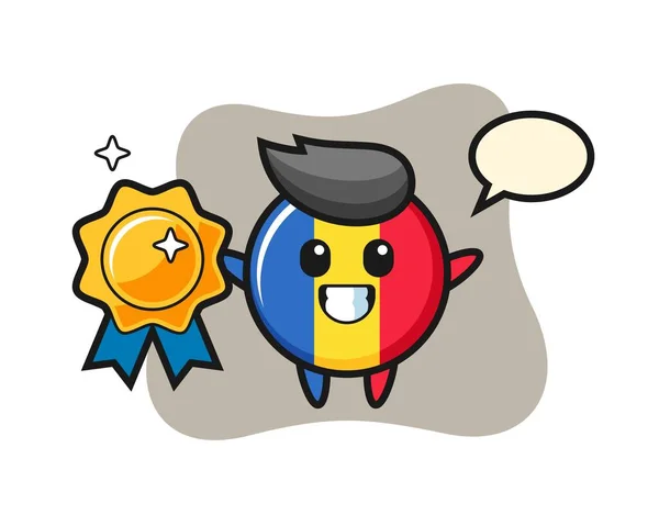 Rumänien Flagga Emblem Maskot Illustration Som Innehar Gyllene Bricka — Stock vektor