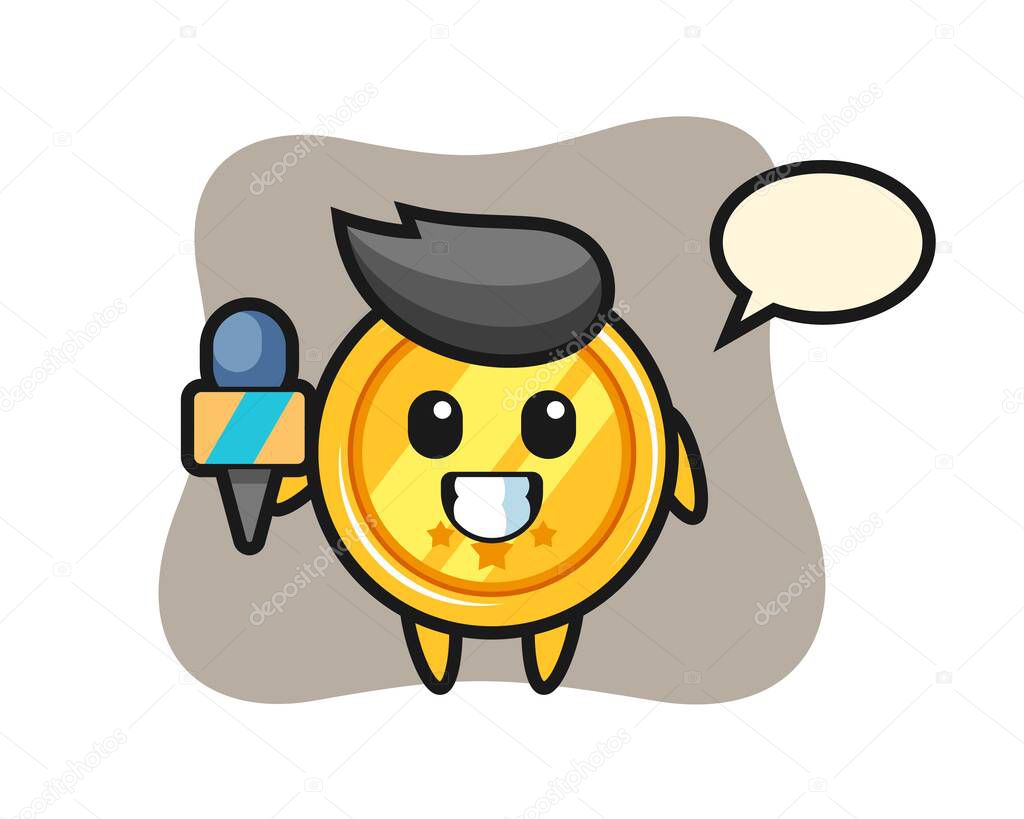 Character mascot of medal as a news reporter
