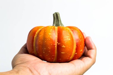 Ellerinde portakal kabak tutuyor.