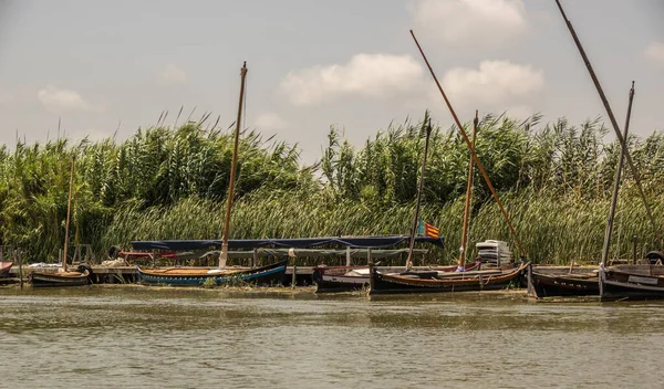 Eski ahşap tekneler. Latin yelkenli gemileri, Albufera Valencia 'da — Stok fotoğraf