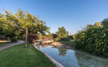 Valencia, İspanya Turia Bahçeleri, sudaki eski nehir yatağında yansıyan parklar.