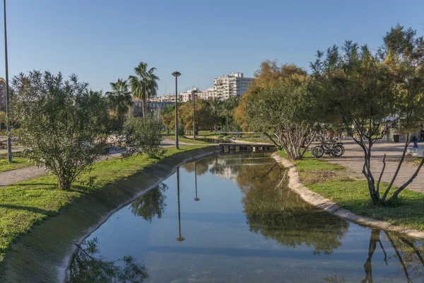 Beau paysage de jardins de la rivière Turia Jardin del, zone de loisirs et de sport à Valence. Avec arbres, miroirs d'eau d'herbe — Photo