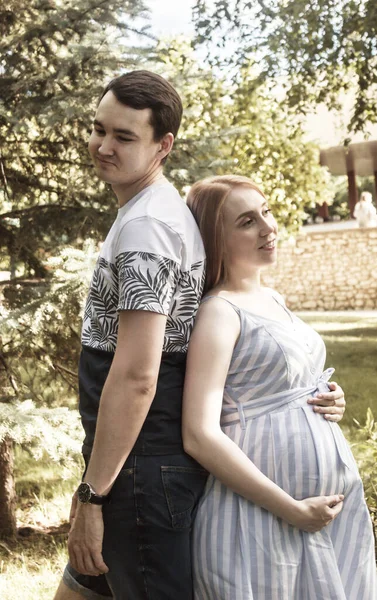 夏の公園で一緒に家族 女は妊娠している — ストック写真